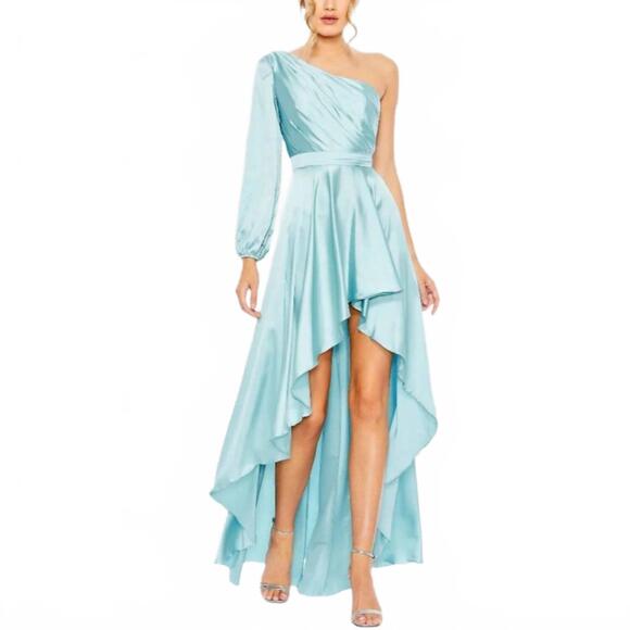 NEW MAC DUGGAL one shoulder hi-low gown in french blue
